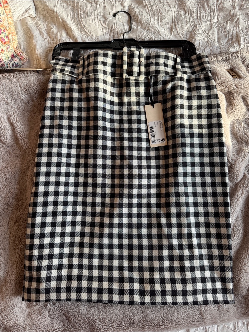 Black and White Gingham Belted Pencil Skirt - Classic Tailored Style